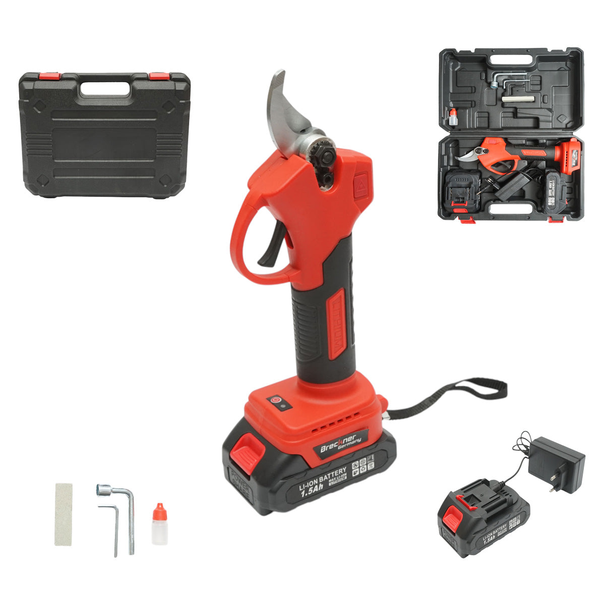 Breckner Germany 36V elektromos kerti olló 2 db 1.5Ah Li-Ion akkumulátorral, 100W, vágási átmérő 0-25mm, biztonsági gomb