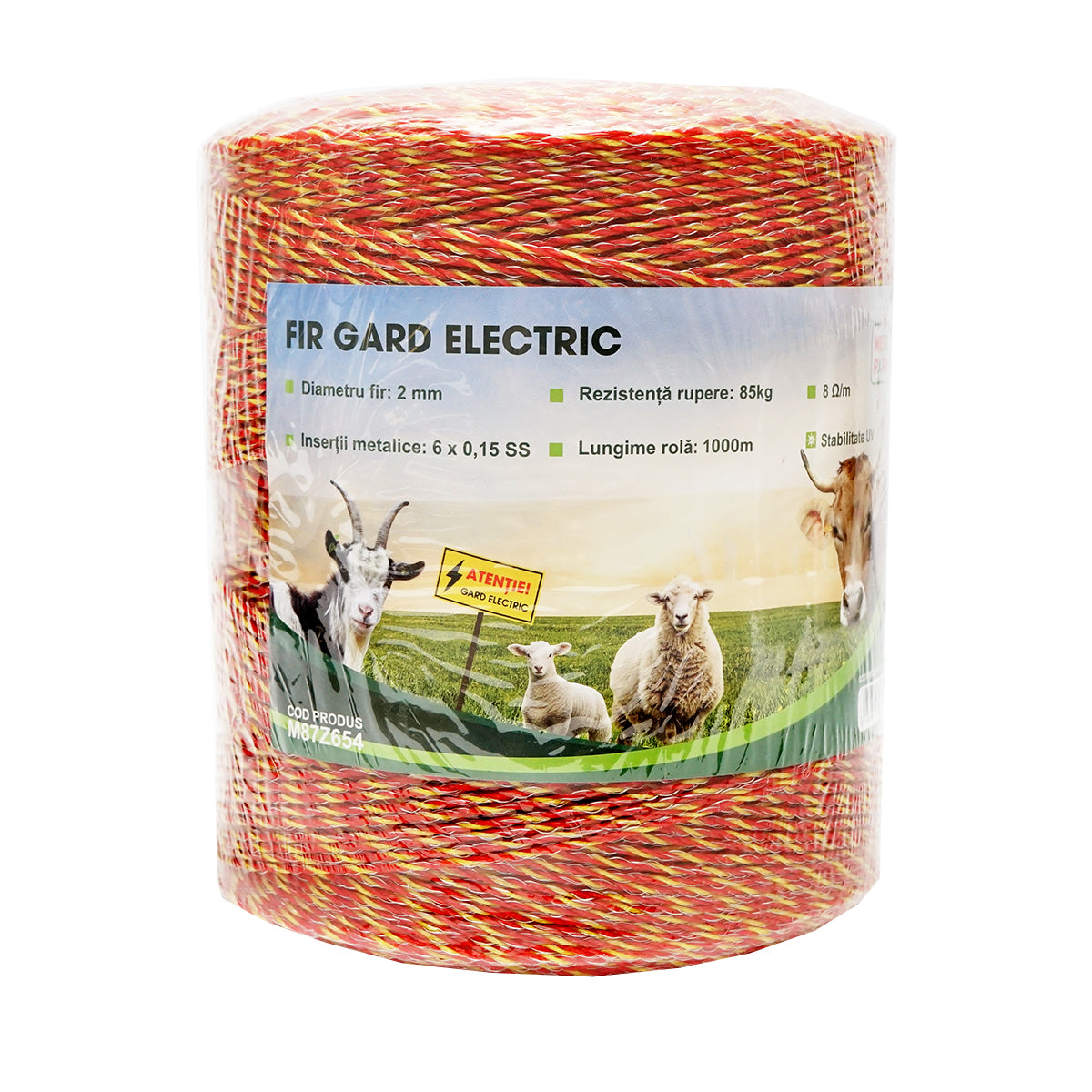 Sárga-piros drót 2mm fém betét 6x0.15mm SS, ellenállás 8 Ohm/m, 1000m elektromos kerítés Mezofarm