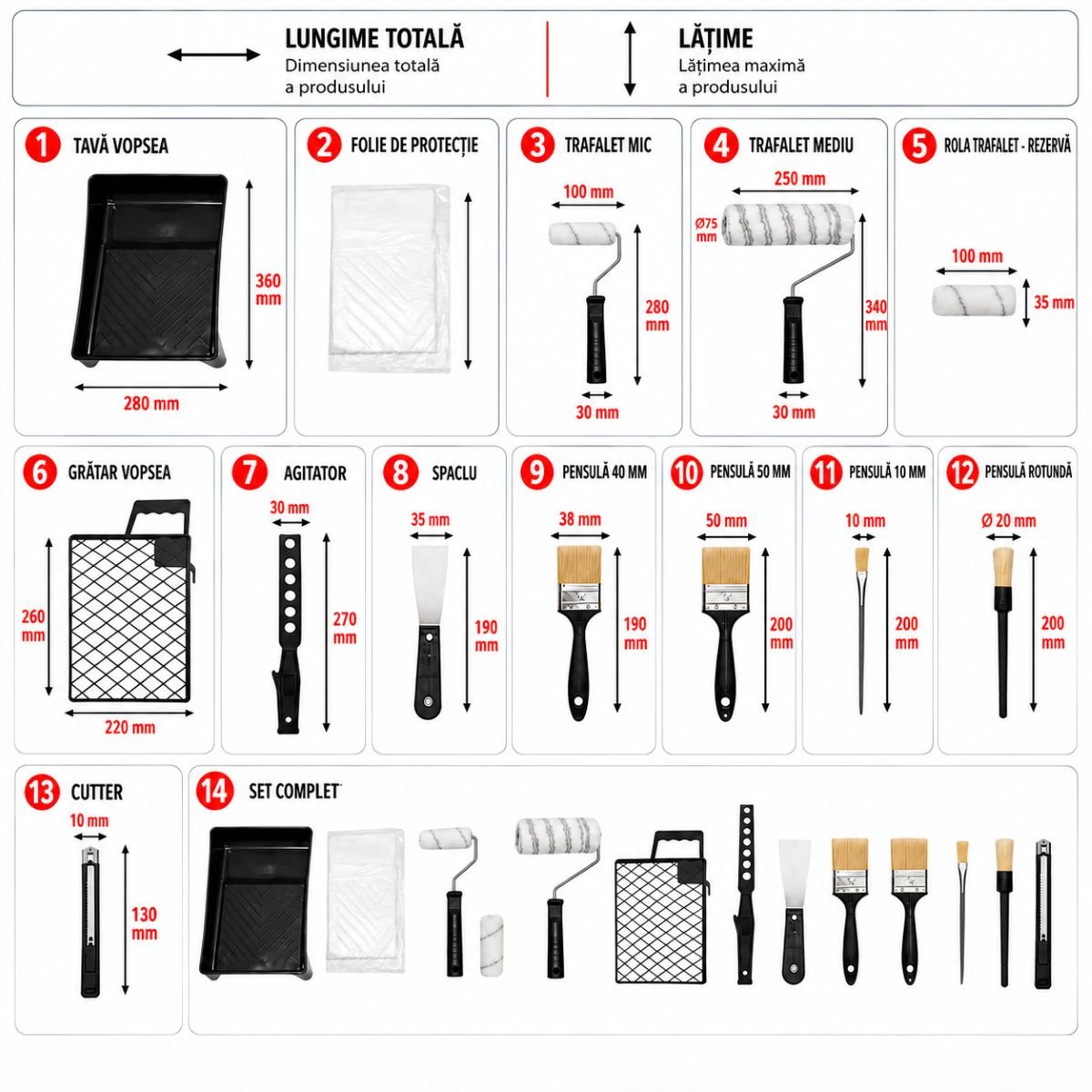 Festés és meszelés szett poliészter trafaretekkel 10cm, 25cm, 4 ecset, spatula, keverő, festéktálca, rács, védőfólia, vágó 15 részes Breckner Germany