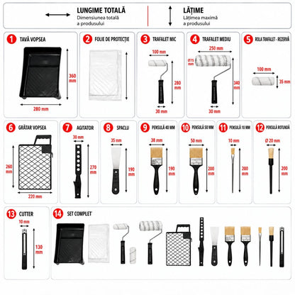 Festés és meszelés szett poliészter trafaretekkel 10cm, 25cm, 4 ecset, spatula, keverő, festéktálca, rács, védőfólia, vágó 15 részes Breckner Germany