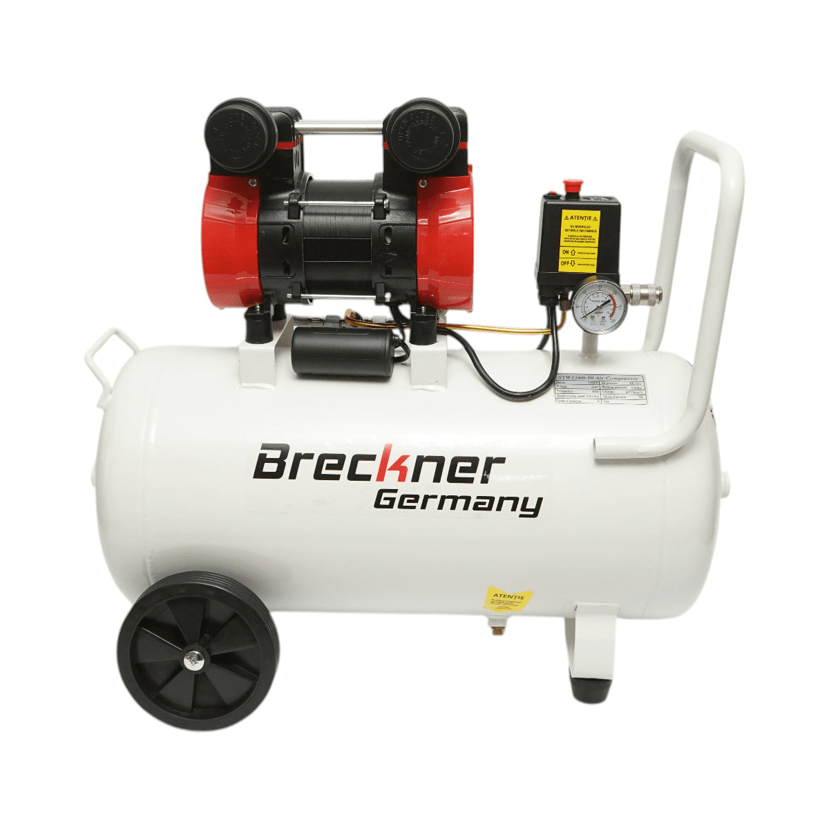 50 literes légkompresszor, 2 hengeres 1,5 kW/2,1 LE motor, maximális nyomás 8 bar, levegőbeömlési térfogat 155 l/perc Breckner Germany