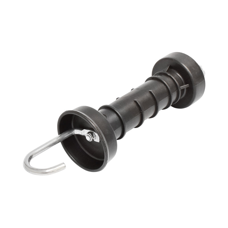 Fekete kapukilincs kampóval és nagy rugós elektromos kerítés Mezofarm