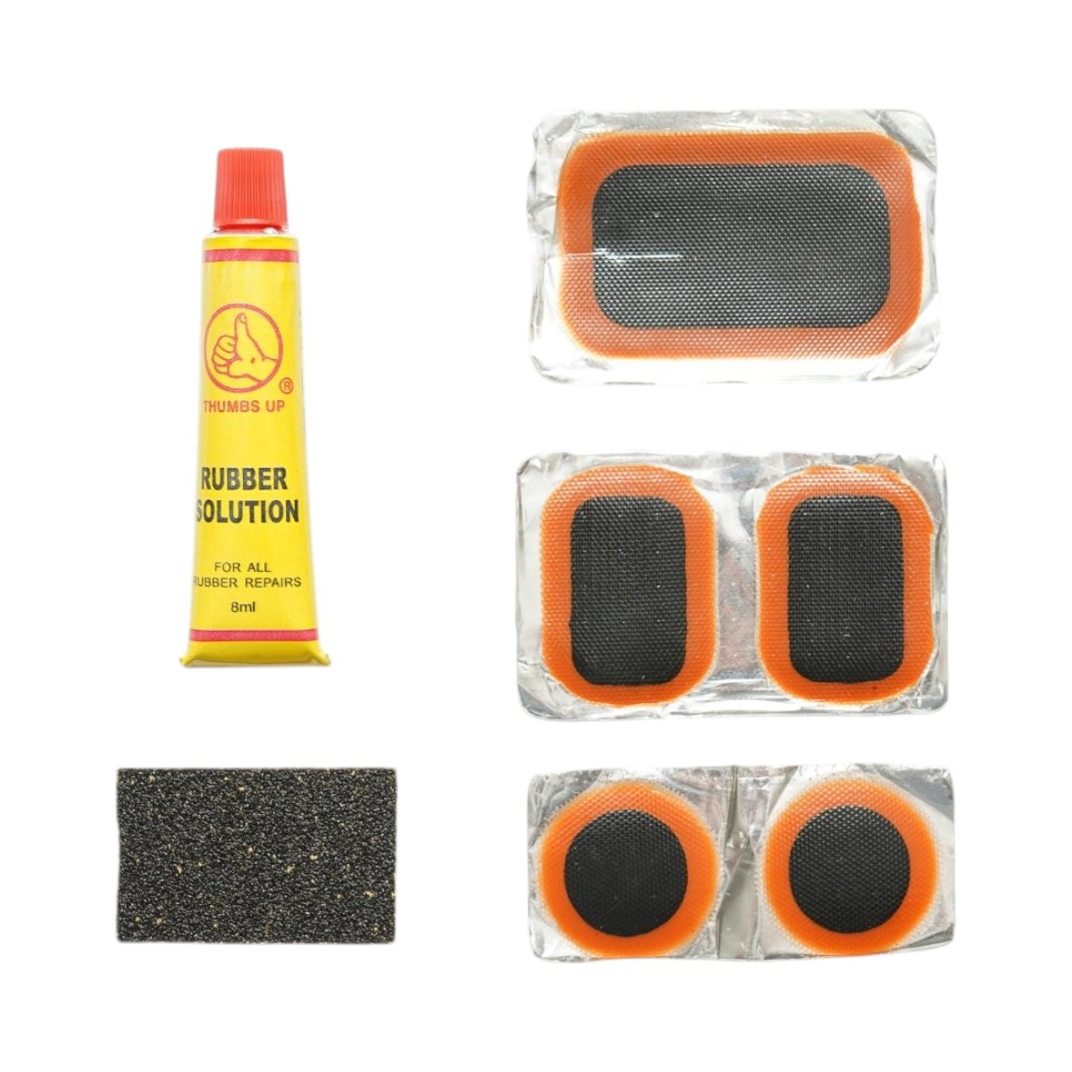 5 darabos gumiabroncs és belső gumifolt, defektjavító szett 24x35mm, 25mm, 32x50mm + csiszolópapír + 1 db 8ml ragasztó tubus