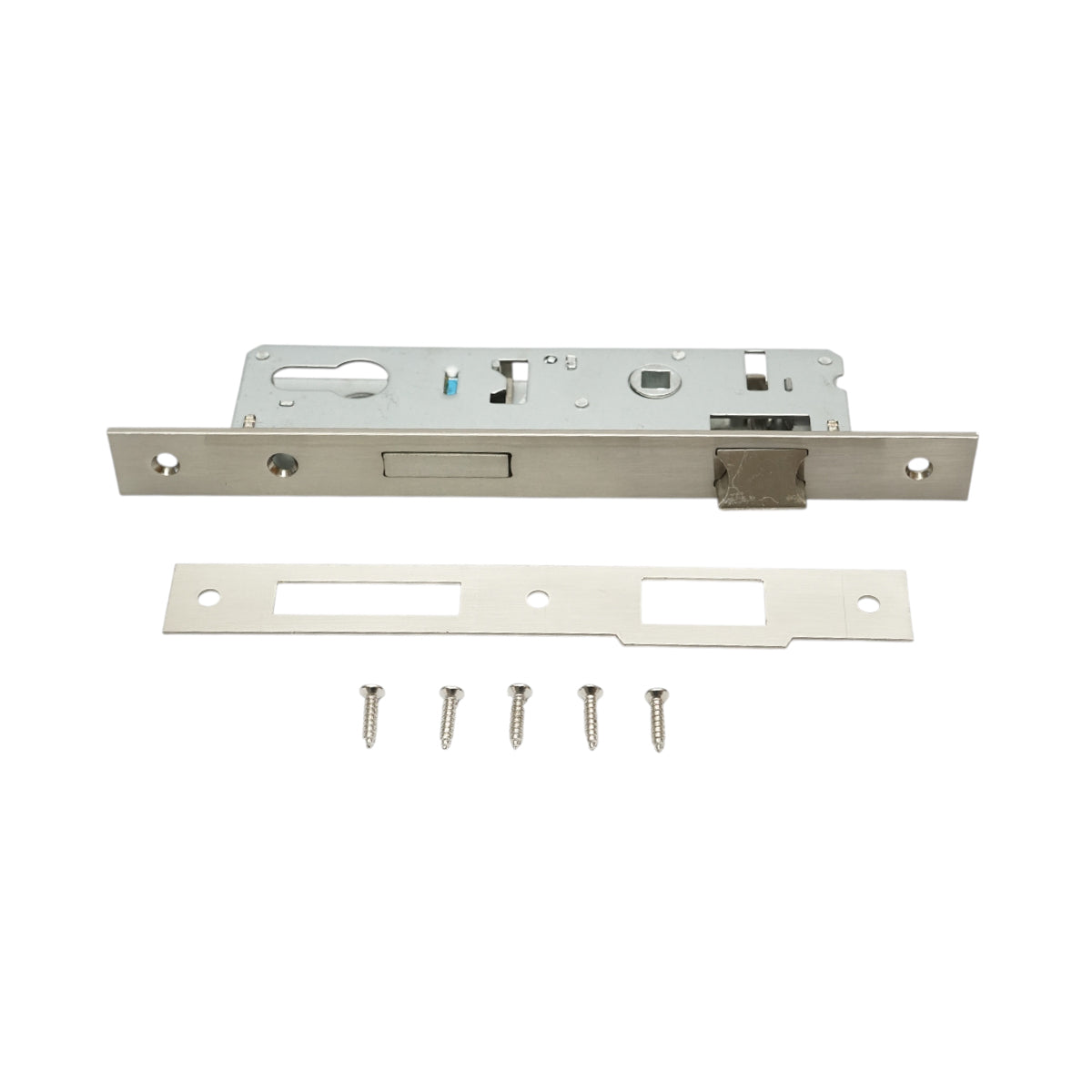 Beépített ajtózár nyelvvel 43x174mm, előlap 23x240mm, szatén nikkel, csavarok mellékelve