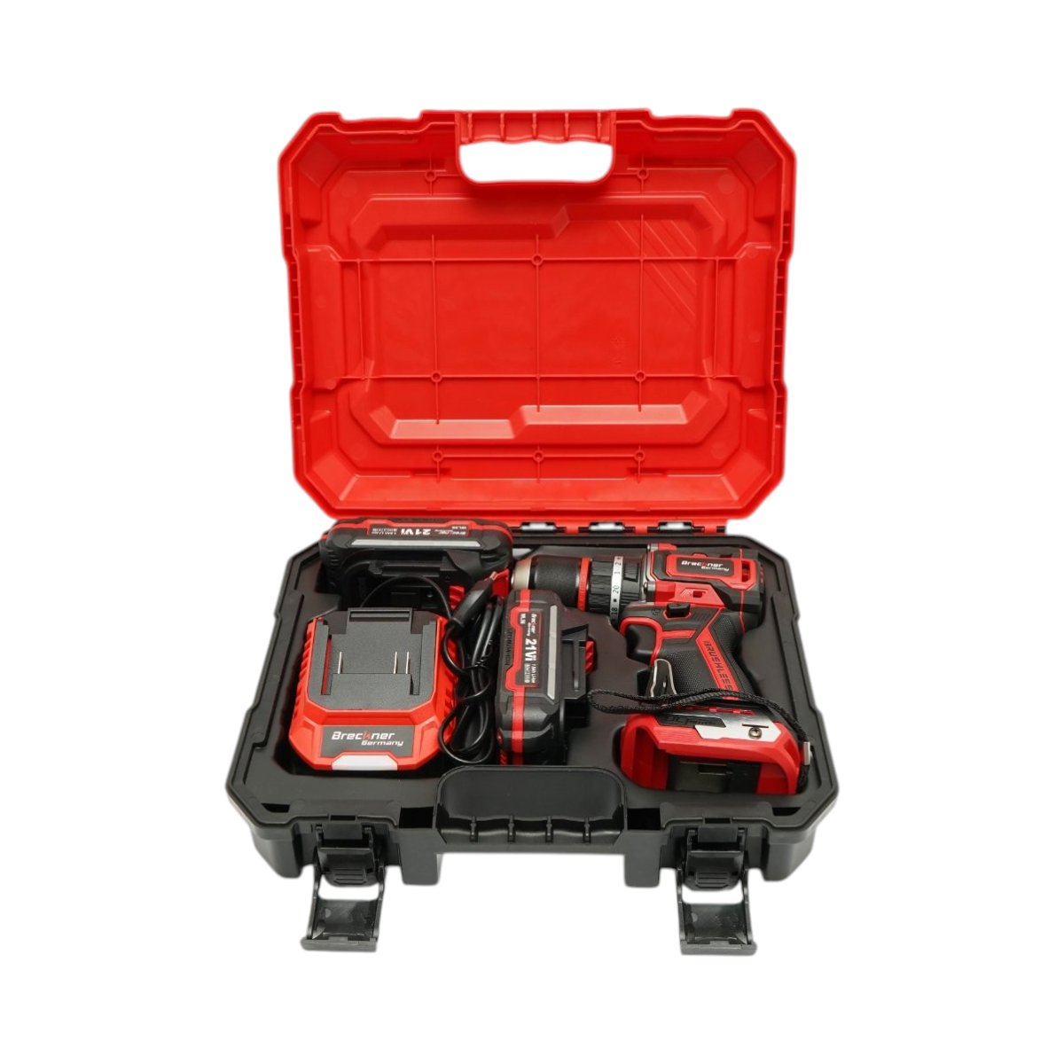 Fúró- és csavarbehajtó gép ütőfunkcióval 500W, 2 akkumulátor 21V, 1.5Ah Li-ion, LED, brushless, 50Nm, 13mm tokmány, 0-500/1600rpm Breckner Germany