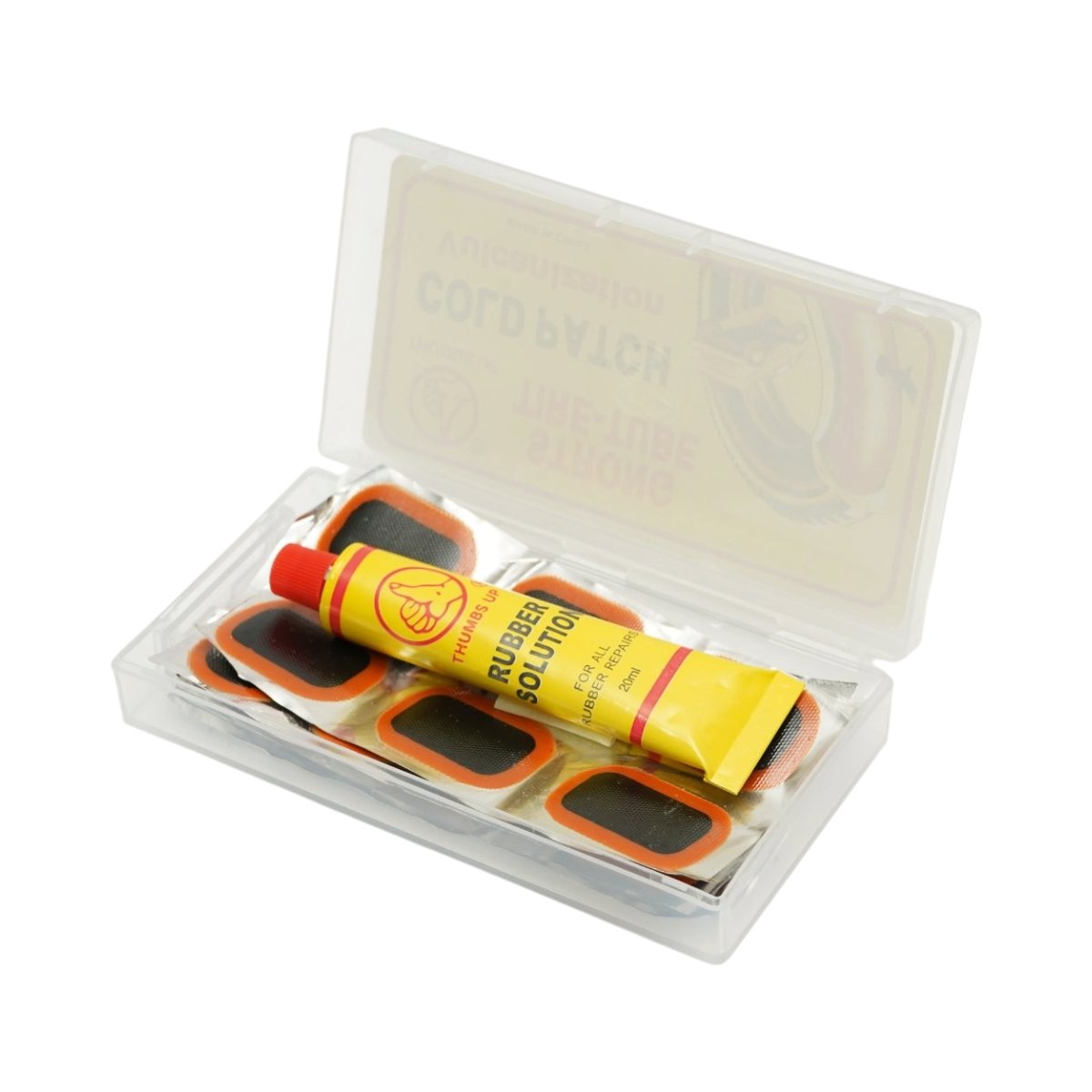 24 darabos gumijavító folt szett,  gumifolt, defektjavító, gumikhoz és belső tömlőkhöz 24x35mm, 25mm, 32x50mm + 1 db 20ml ragasztó tubus