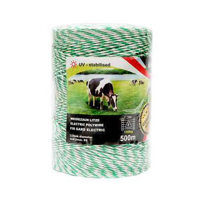 Fehér-zöld huzal tekercs 2.5mm fi 2.5mm fém betét 4x0.2mm SS, ellenállás 7 Ohm/m, 500m elektromos kerítés Breckner Germany