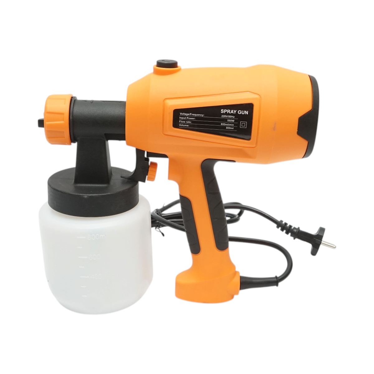 Elektromos festékpisztoly 550W, 220V, 800 ml/min teljesítmény, 800ml alsó tartály, 3 fúvóka tartozék