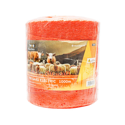 Narancssárga drót orsó 2.5mm be 2.5mm fém betét 3x0.15mm SS, ellenállás 7.4 Ohm/m, 1000m elektromos kerítés Thor