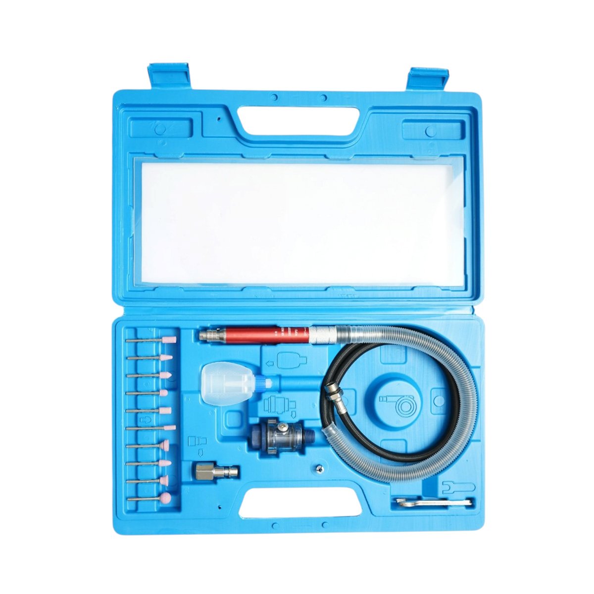 Mini pneumatikus kéttengelyes ceruza típusú csiszoló készlet, 58000rpm, nyomás 6.2 bar 17 darabos Breckner Germany