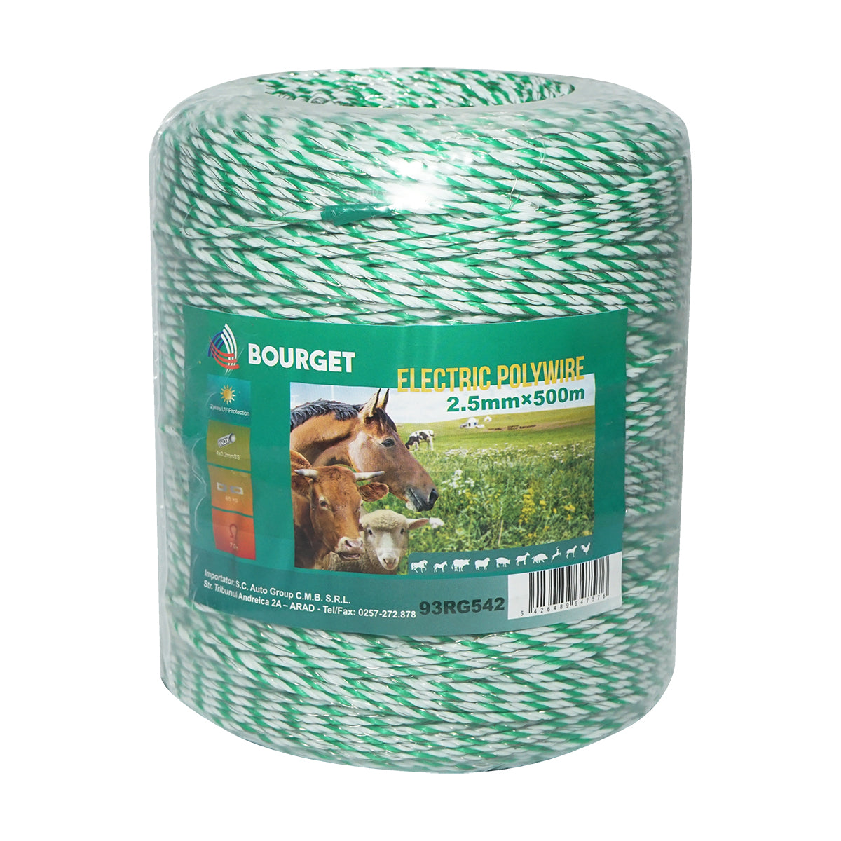 Fehér-zöld drót tekercs fi 2.5mm 4x0.2mm SS, 500m elektromos kerítés, ellenállás 7 Ohm Bourget