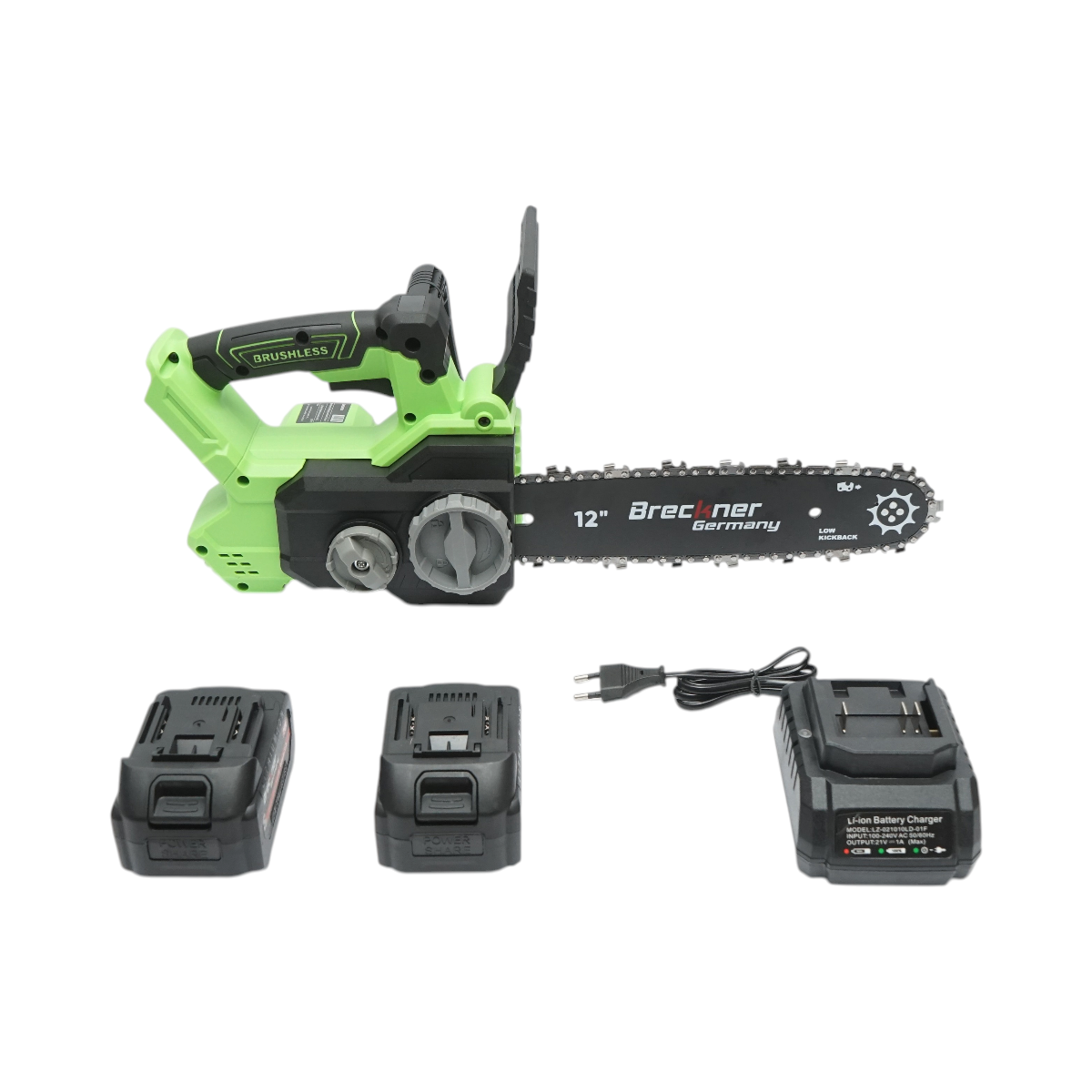 Professzionális elektromos láncfűrész 2 darab 20V, 4Ah Li-ion akkumulátorral, brushless motor, LED digitális kijelző, 12 inch (300mm) lánc Breckner Germany