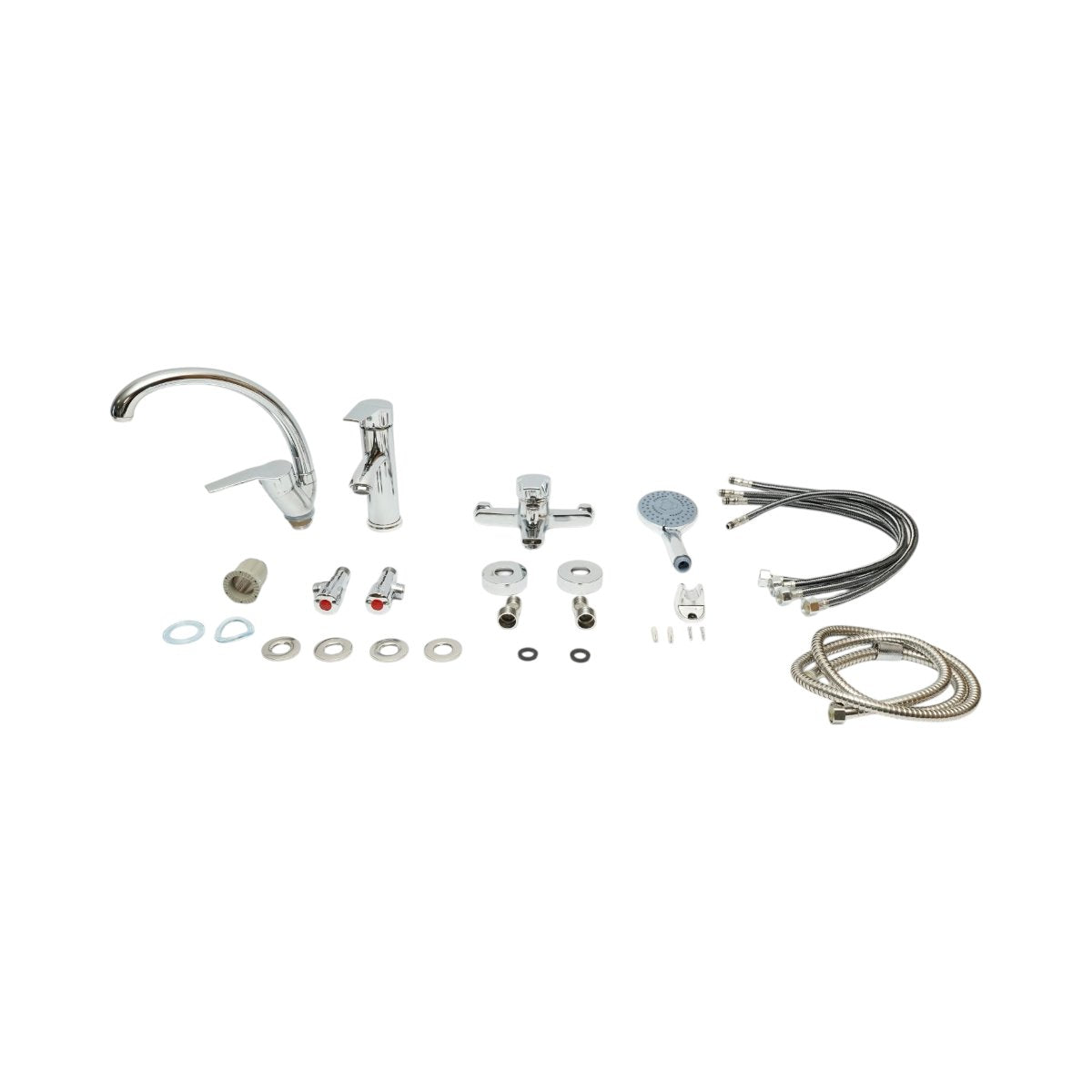 Fürdőszoba és konyha csapszett 3 az 1-ben, kádcsap zuhanyfejjel és tömlővel, mosdócsap, konyhai csap, egykaros, fényes króm, cinkötvözet, tömlők mellékelve