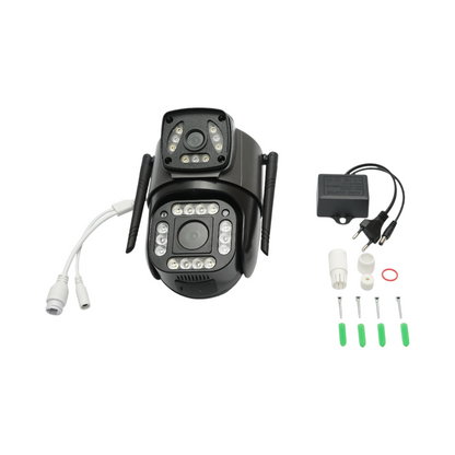 4MP 1080P, P2P WIFI 2.4GHz, PTZ kettős objektíves megfigyelő kamera mozgásérzékelővel, emberérzékeléssel és V380 Pro alkalmazással.