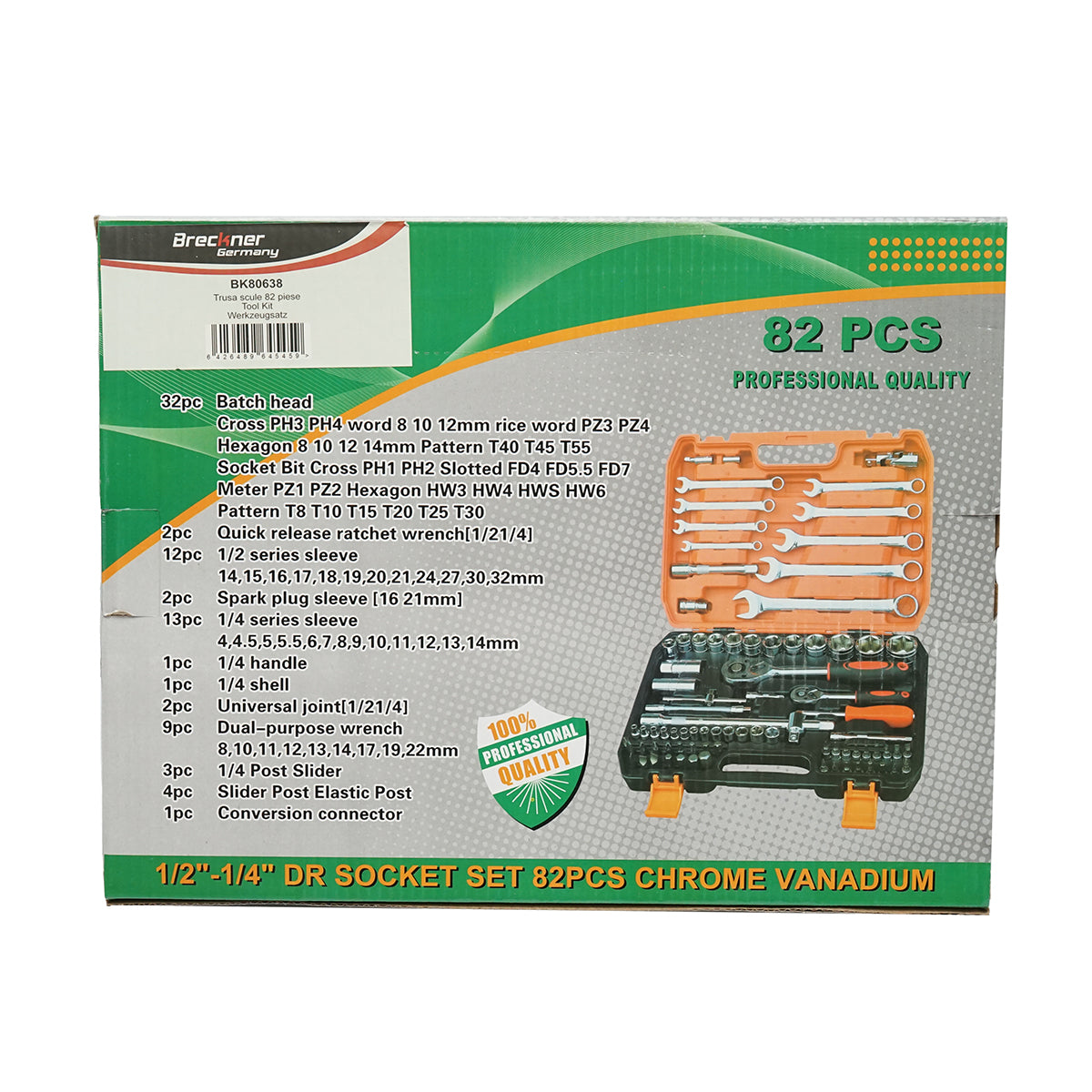 Csőkulcskészlet, fix, torx, racsnis dugókulcs 82 db Breckner Germany