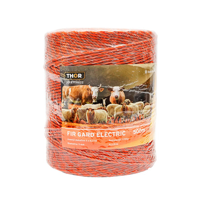 Narancssárga-barna drót orsó 3mm fém betét 5x0.2mm SS, ellenállás 4.5 Ohm/m, 500m elektromos kerítés Thor