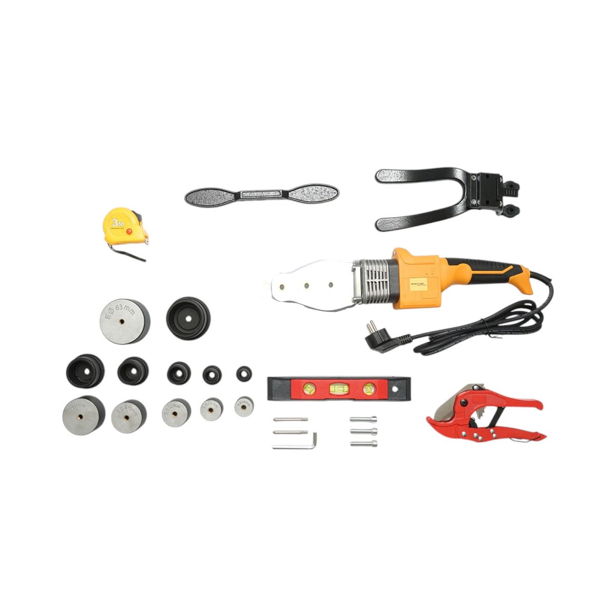 PPR 800W csőhegesztőgép készlet digitális kijelzővel 0-300°C, 6 serpenyő 20-63mm, 3 buborékos vízmérték, szintezőkerék, vágógép Breckner Germany