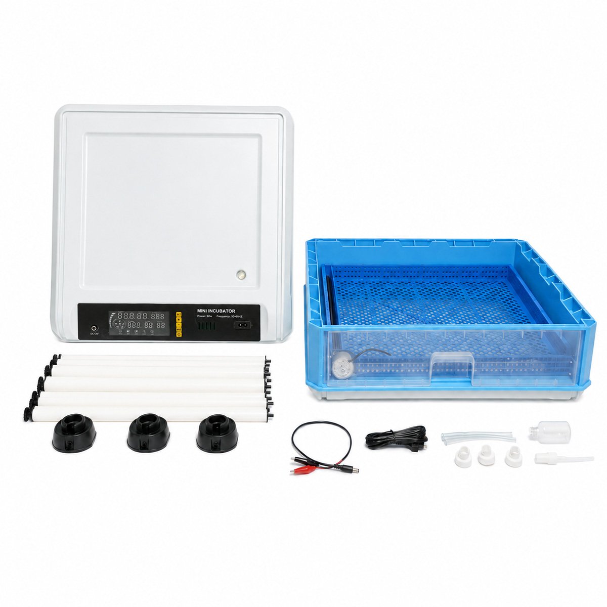Automata tojásinkubátor, keltető gép 100 tojáshoz 80W, 12V-220V, automata forgatás, LED ovoszkóp, hőmérséklet-szabályozás, páratartalom-szabályozás, digitális kijelző, riasztás