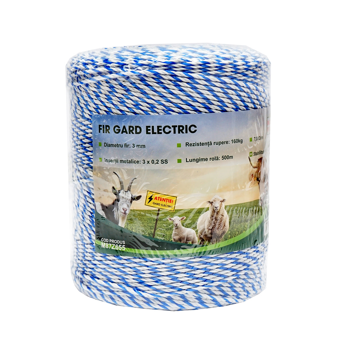 Fehér-kék drót 3mm fém betét 3x0.2mm SS, ellenállás 7.8 Ohm/m, 500m elektromos kerítés Mezofarm
