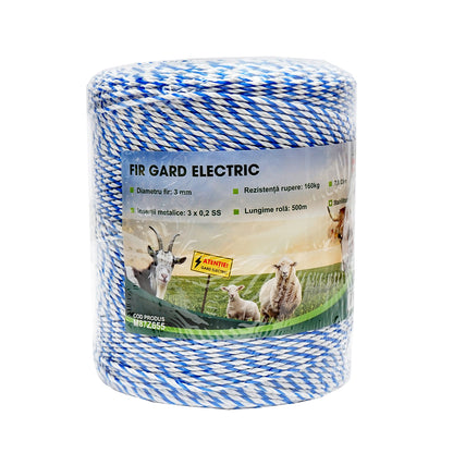 Fehér-kék drót 3mm fém betét 3x0.2mm SS, ellenállás 7.8 Ohm/m, 500m elektromos kerítés Mezofarm