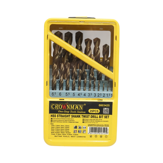 25 darabos HSS fúrókészlet 1-13mm hengeres szárral fémhez Crownman