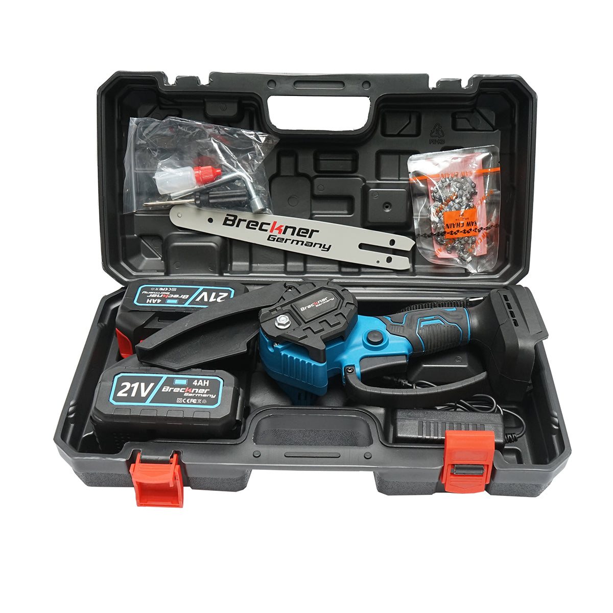 Mini elektromos fűrész 700W, 2 Li-ion akkumulátorral 21V/4Ah, 200mm (8 inch) Breckner Germany