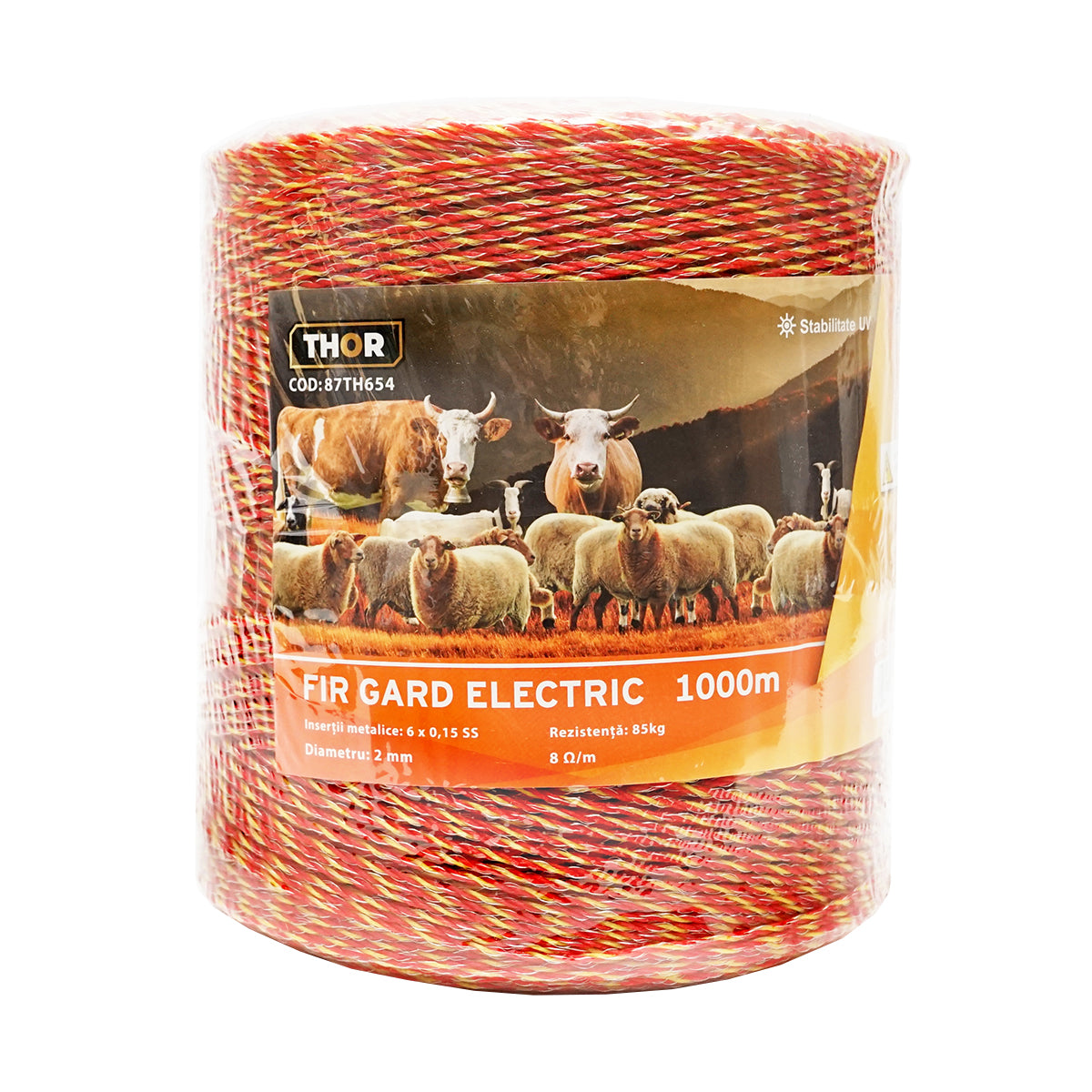 Sárga-piros drót 2mm fém betét 6x0.15mm SS, ellenállás 8 Ohm/m, 1000m elektromos kerítés Thor
