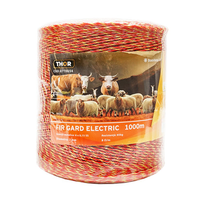 Sárga-piros drót 2mm fém betét 6x0.15mm SS, ellenállás 8 Ohm/m, 1000m elektromos kerítés Thor