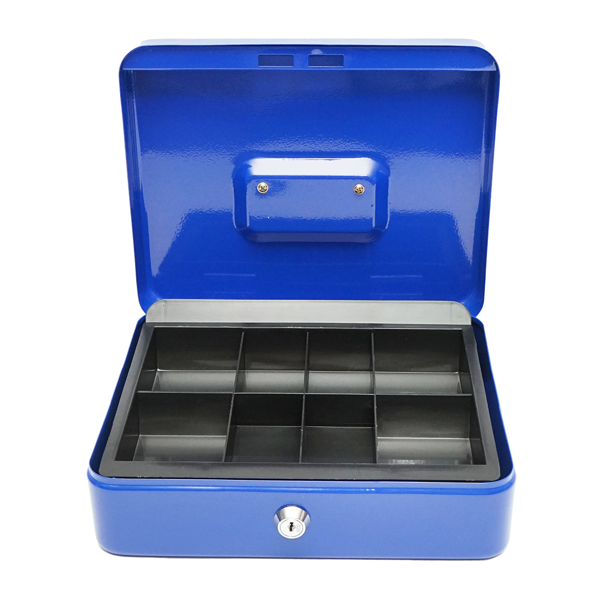 Fém pénztárgép zárral és 2 kulccsal kék 250x200x90mm