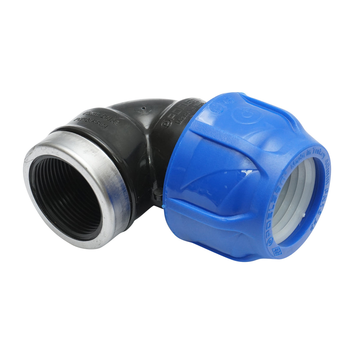Összenyomó könyök anya belső menetes D40mmx1-1/4 PN 16 bar HDPE öntözőrendszerekhez