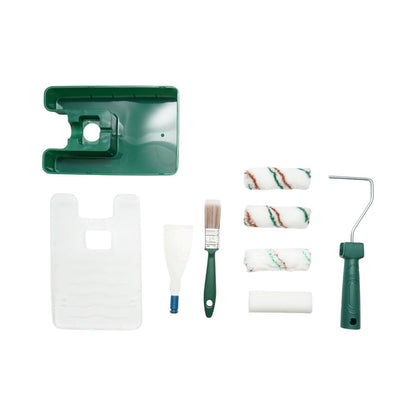 Festés és meszelés szett 10cm-es sablonnal, 2 poliészter henger, 1 mikroszálas henger, 1 szivacs henger, 25mm-es ecset, spatula, 8 részes festéktálca Breckner Germany