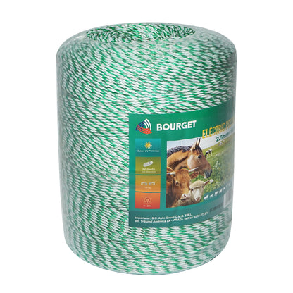 Tekercs zöld fluoreszkáló-fehér szál fluoreszkáló zöld-fehér fi 2.5mm 3x0.2mm SS, 1x0.25mm Cu, 1000m elektromos kerítés Bourget