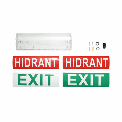 EXIT HIDRANT LED jelzőlámpa 220V, 8W, 1200mAh akkumulátor, 3 órás üzemidő, felületre szerelhető, 4 piktogram tartozék IP65