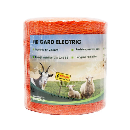 Narancssárga huzal tekercs, 2,5 mm-es menet, fém betét 3x0,15 mm SS, ellenállás 7,4 Ohm/m, 500 m elektromos kerítés Mezofarm