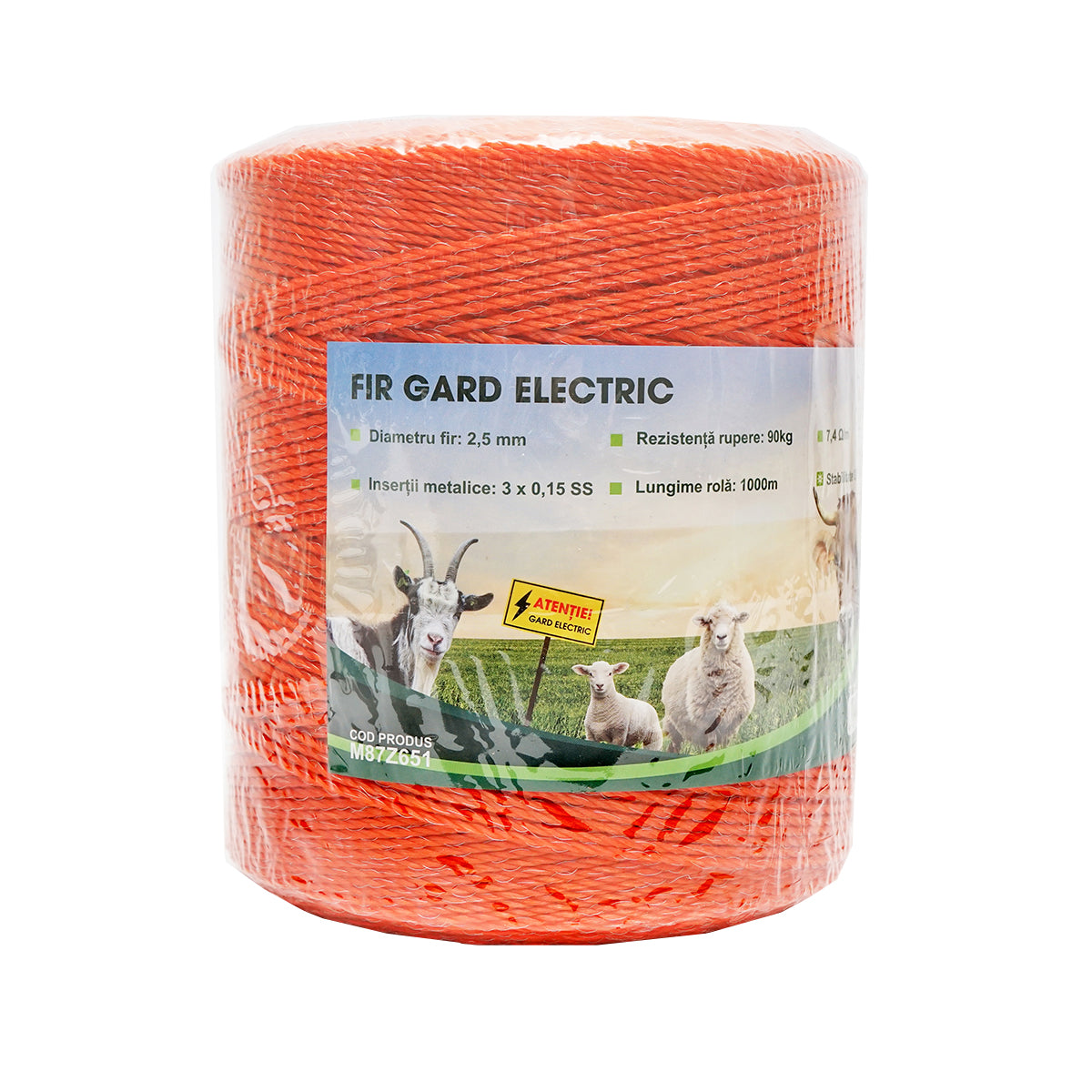 Narancssárga huzal tekercs, 2,5 mm-es menet, fém betét 3x0,15 mm SS, ellenállás 7,4 Ohm/m, 1000 m elektromos kerítés Mezofarm