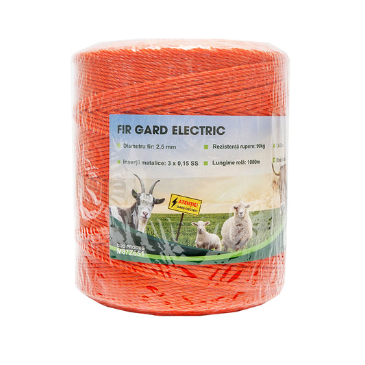 Narancssárga huzal tekercs, 2,5 mm-es menet, fém betét 3x0,15 mm SS, ellenállás 7,4 Ohm/m, 1000 m elektromos kerítés Mezofarm