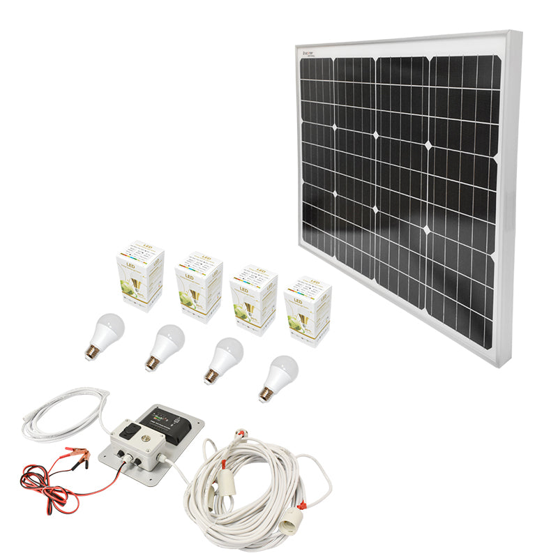 Napelem szett 50W monokristályos fotovoltaikus napelem 670x540x30mm 12-24V foglalat öngyújtó 4 izzóval 9W Breckner Germany