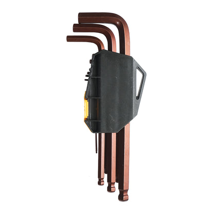 9 db T10-T50 (1,5-10 mm) hatszögletű, hőkezelt acélból készült, hosszú karú, gömbfejes, hatlapfejű csavarkulcs (imbusz) készlet.