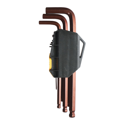 9 db T10-T50 (1,5-10 mm) hatszögletű, hőkezelt acélból készült, hosszú karú, gömbfejes, hatlapfejű csavarkulcs (imbusz) készlet.