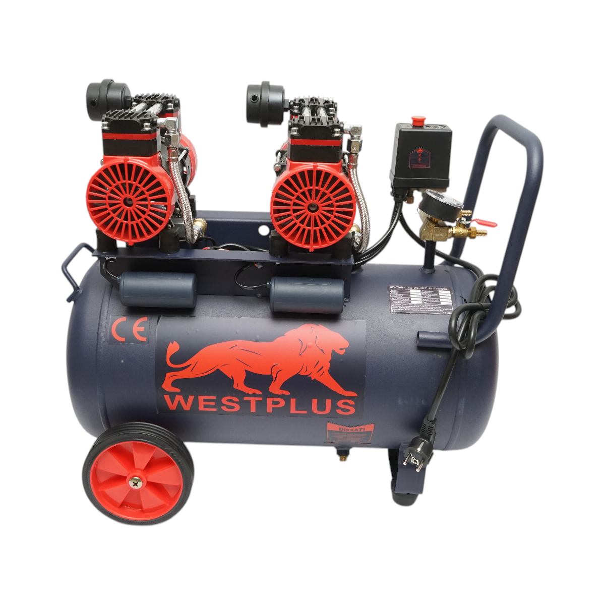 50L olajmentes légkompresszor, csendes, 2 motor 4 hengeres 1.5KW/2CP, maximális nyomás 8 bar, szívólevegő térfogat 170L/min