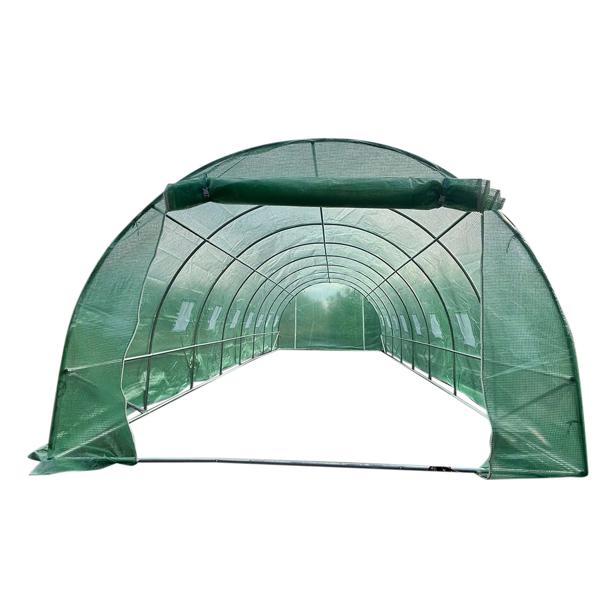 Kerti fóliasátor 800x300x200cm öntözőrendszerrel, zöld PE fólia 140g/mp UV hálóval, 16 ablak, 2 ajtó, 25mm horganyzott acélcső.