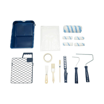 Festés és meszelés szett poliészter ecsetekkel 10cm, 18cm, 2 ecset, spatula, keverő, festéktálca, rács, védőfólia, maszkolószalag 15 részes Breckner Germany