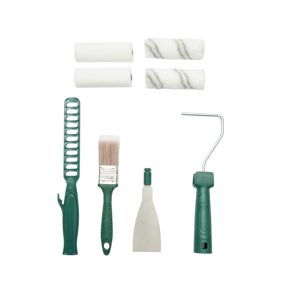 Festés és tapétázás szett 10cm-es sablon, 2 gyapjú henger, 2 szivacs henger, 38mm ecset, spatula, kézi keverő, festéktálca, 10 darabos tartalék tálca Breckner Germany
