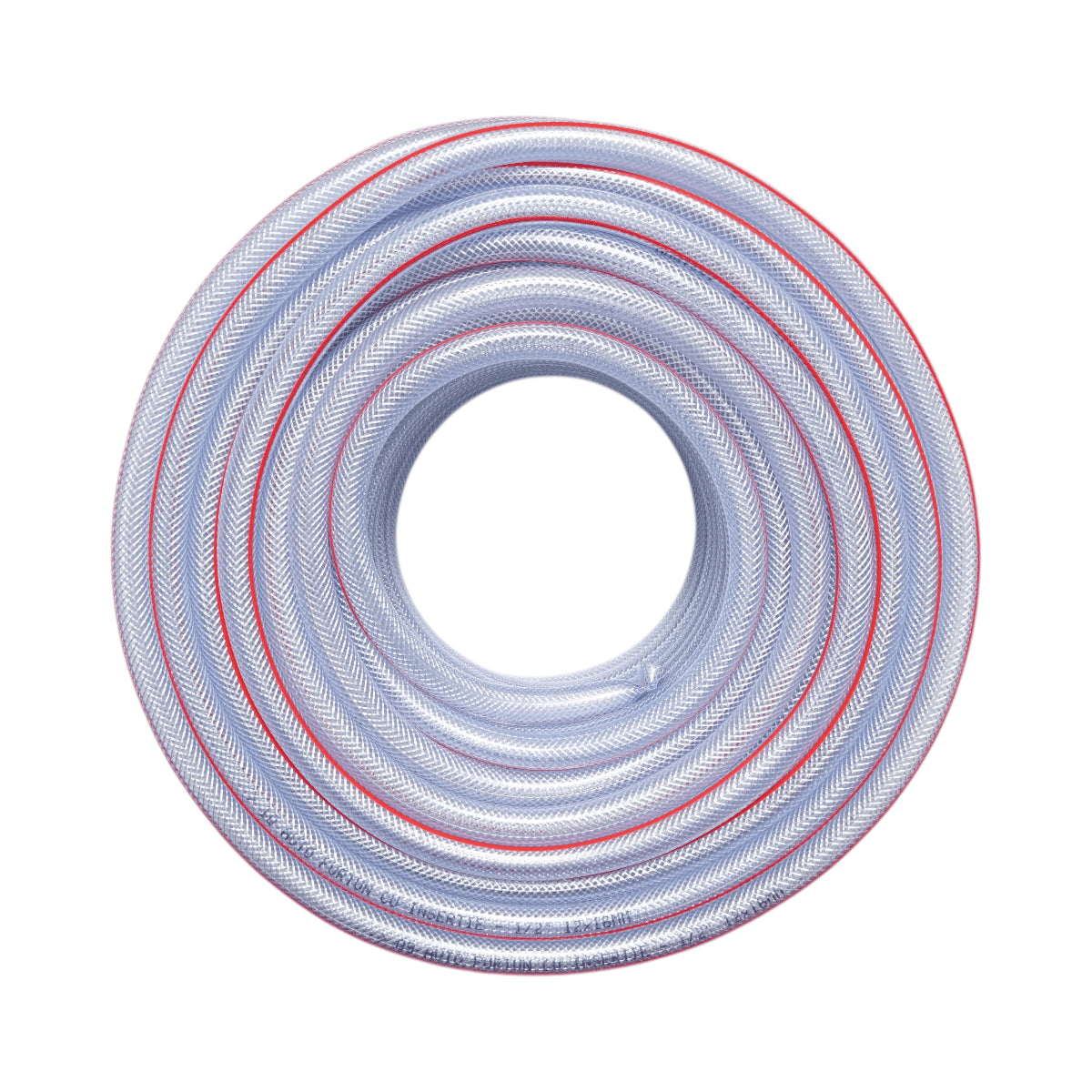 Átlátszó PVC kerti tömlő, slag, 1/2 inch (12mm), PN7 rúd, 12x16mm fonott textilbetéttel 50m/tekercs