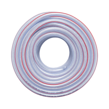 Átlátszó PVC kerti tömlő, slag, 1/2 inch (12mm), PN7 rúd, 12x16mm fonott textilbetéttel 50m/tekercs