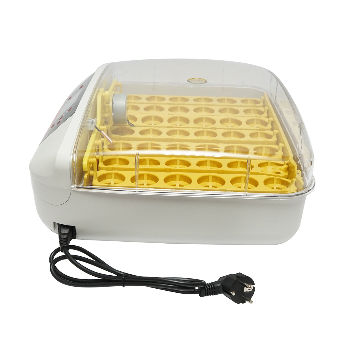 Automata keltetőgép 32 tojáshoz 220V, automatikus forgatással, hőmérséklet-szabályozással, páratartalom szabályozással, digitális kijelzővel, LED megvilágítású tálcával.