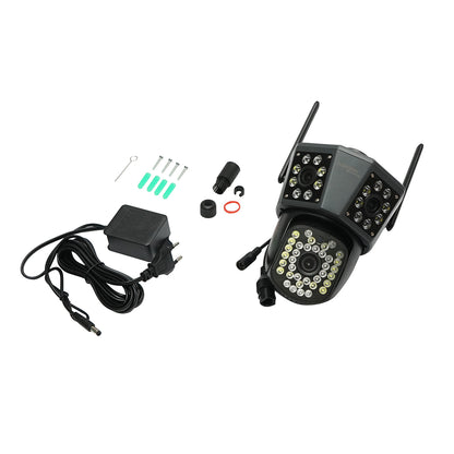 3 lencsés, 3 objektíves 6 MP-es, WIFI 2,4 GHz-es, 360 fokos PTZ pásztázó/döntő/zoom kamera mozgásérzékelővel, riasztóval, emberérzékeléssel és IPC360 Home alkalmazással.