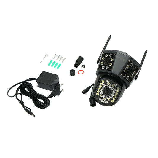 3 lencsés, 3 objektíves 6 MP-es, WIFI 2,4 GHz-es, 360 fokos PTZ pásztázó/döntő/zoom kamera mozgásérzékelővel, riasztóval, emberérzékeléssel és IPC360 Home alkalmazással.