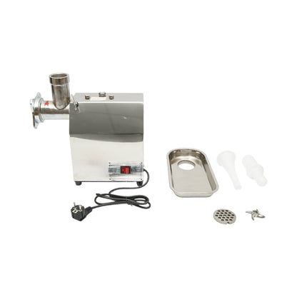 Elektromos húsdaráló rozsdamentes acél 600W, 220V, 100 kg/h kapacitás, kolbászadapter, 2 szita és 2 kés tartozékkal 340x185x365mm