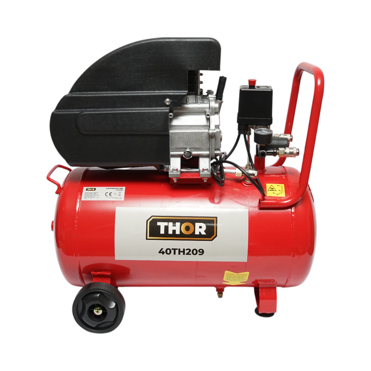 Légkompresszor 50L, motorteljesítmény 1,5KW/2CP, maximális nyomás 8 bar, szívólevegő térfogat 195L THOR